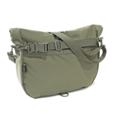 Back view of OriGinaLe Origo Roll-Top Hobo Bag in olive abrasion-resistant technical canvas with adjustable crossbody shoulder strap