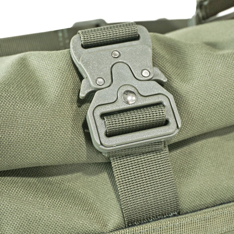 Showing high-strength quick-release roll-top buckle detail on OriGinaLe Origo Roll-Top Tote Bag