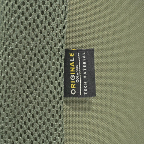 OriGinaLe Origo Roll-Top Tote Bag in olive technical canvas showing OriGinaLe Technical Material woven label