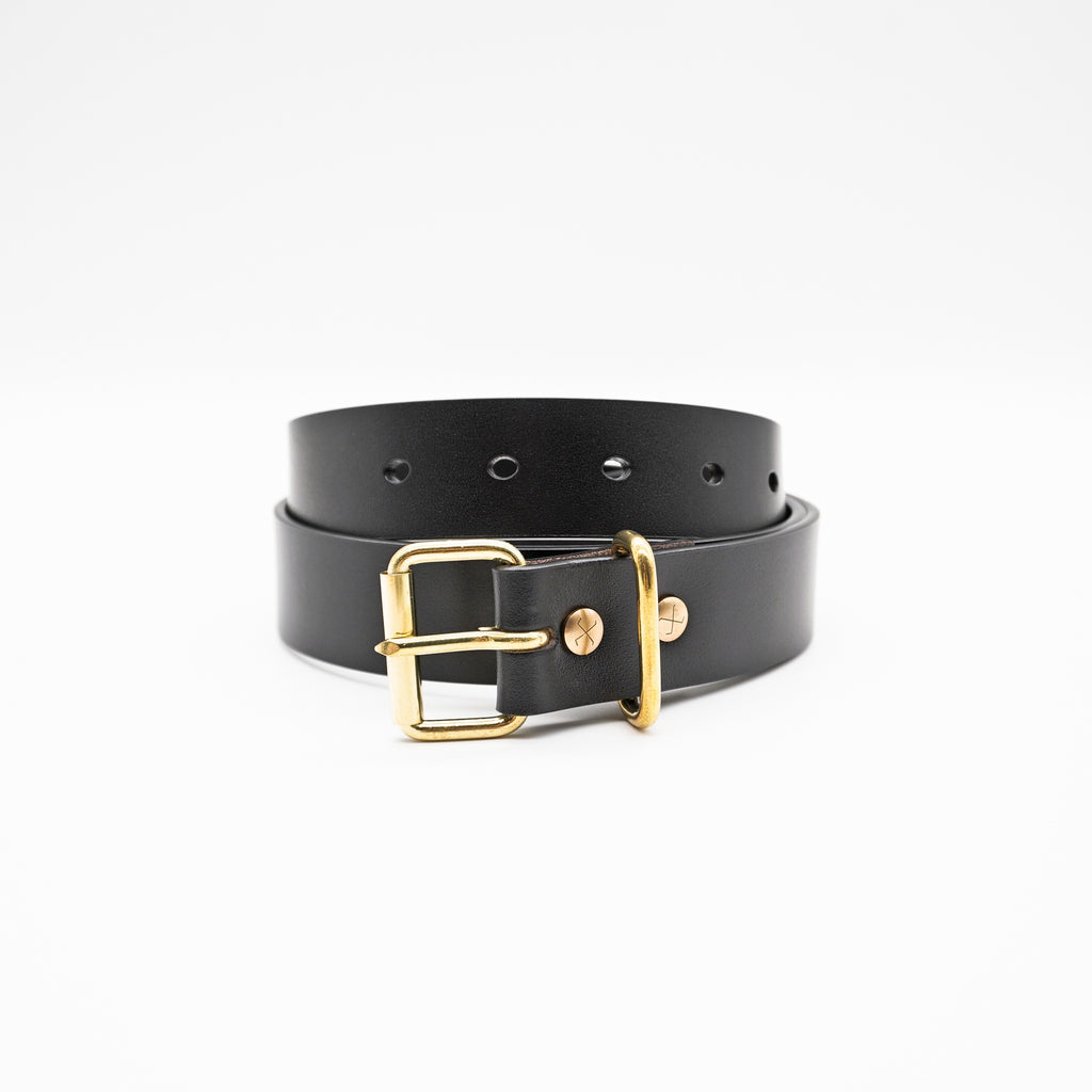 OGL Single Prong Brass Roller Buckle Leather Belt - Hand Dyed Black